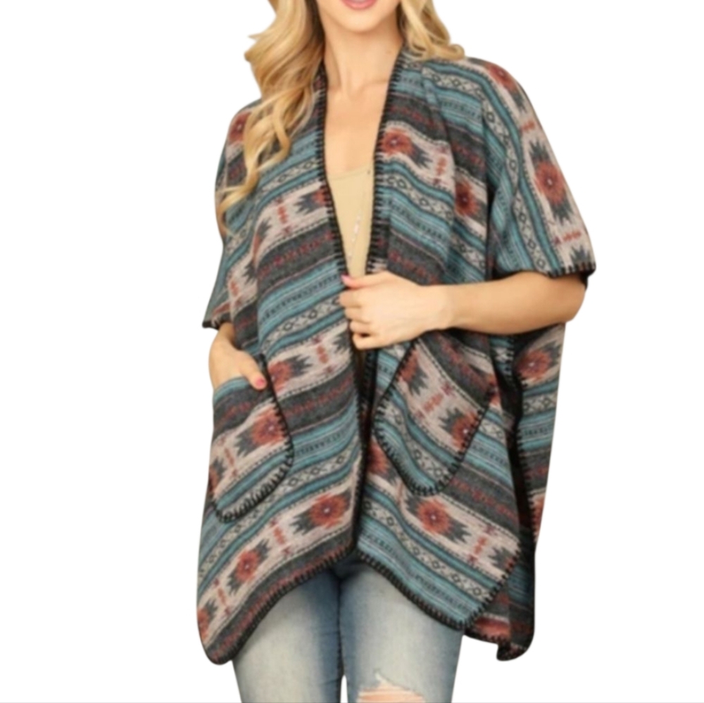 Fadivo Women's Ponco Style Cape Cardigan Multicolor Double Pocket Medium Large